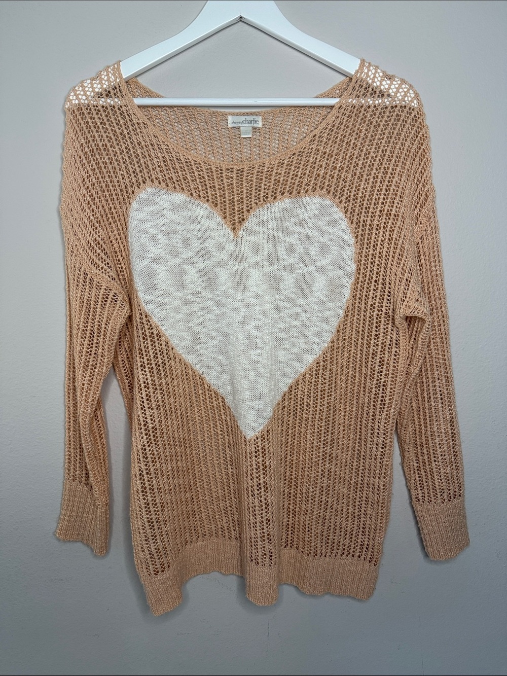 Charming Charlie Tan Cream Open Knit Large Heart Sweater M - [BC0894]